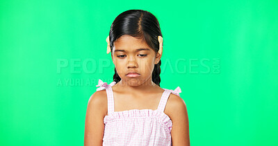 Sad, depression and face of child on green screen with upset, disappointed and unhappy facial expression. Portrait, mockup studio and isolated young girl with sadness, problem and moody for attention