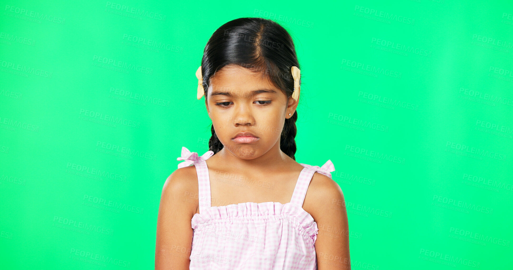 Buy stock photo Sad, child and girl with depression, green screen and disappointed, frustrated and fatigue. Person, kid and model upset, sadness and facial expression with anxiety, mockup space and mental health