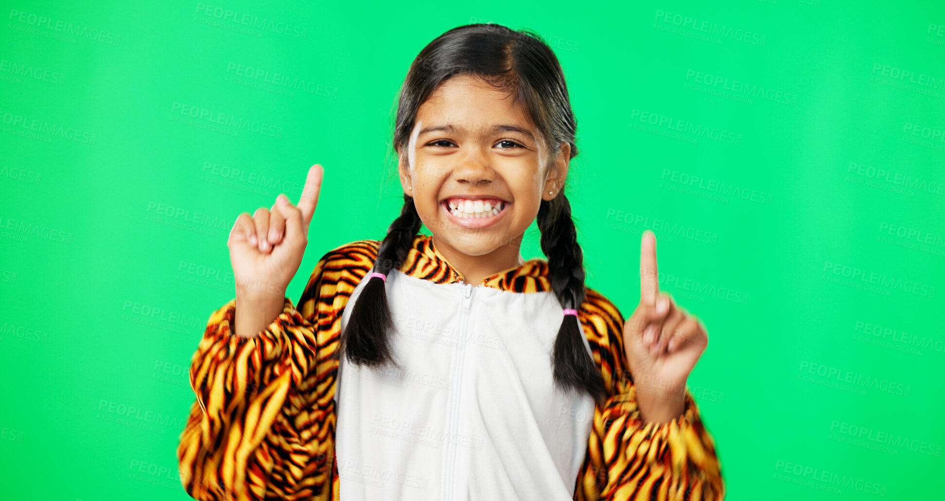 Buy stock photo Green screen, pointing and girl kid with smile for direction or advertising with joy, happiness and space. Face, African American female child or young person with gesture for marketing or choice