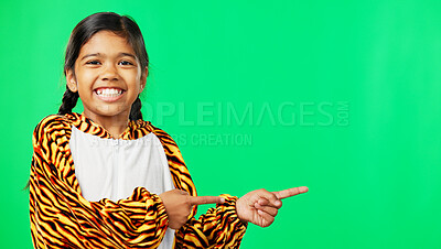 Buy stock photo Girl kid, green screen and pointing at advertising presentation with info or news, smile with ambassador on studio background. Portrait, mockup space and launch announcement with marketing and logo 