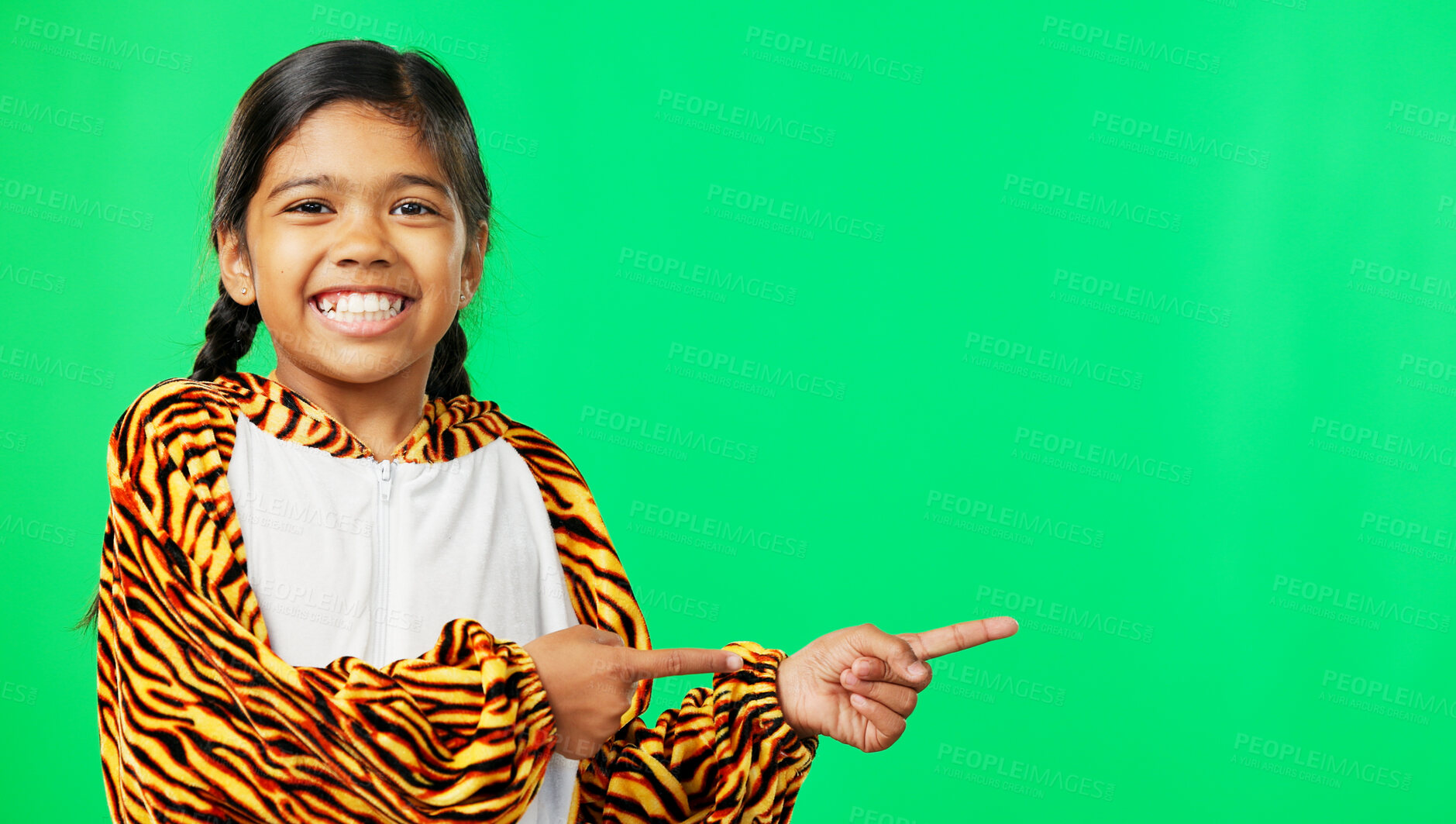 Buy stock photo Girl kid, green screen and pointing at advertising presentation with info or news, smile with ambassador on studio background. Portrait, mockup space and launch announcement with marketing and logo 