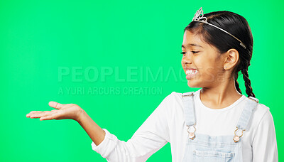 Mockup, green screen and child open hand showing product placement, advertising and logo isolated in a studio background. Smile. happy and portrait of kid excited for promotion, logo or branding