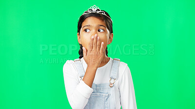 Buy stock photo Princess, kid and hand in surprise in studio on green backdrop in mockup of announcement. Person, girl and crown in shock with idea, thinking and promotion, discount and sale with excitement in space