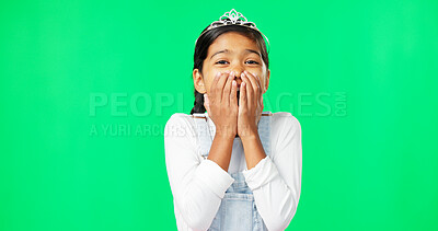 Buy stock photo Girl, princess and shock face by green screen studio with wow, surprise and happiness by mock up. Child, fairytale portrait and happy for kid costume with hands on mouth for mockup by chroma key.