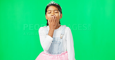 Buy stock photo Green screen, yawning and tired with child bored isolated in a studio background for fatigue, exhausted and sleepy. Bedtime, insomnia and lazy kid or girl after nighttime sleep, rest and nap