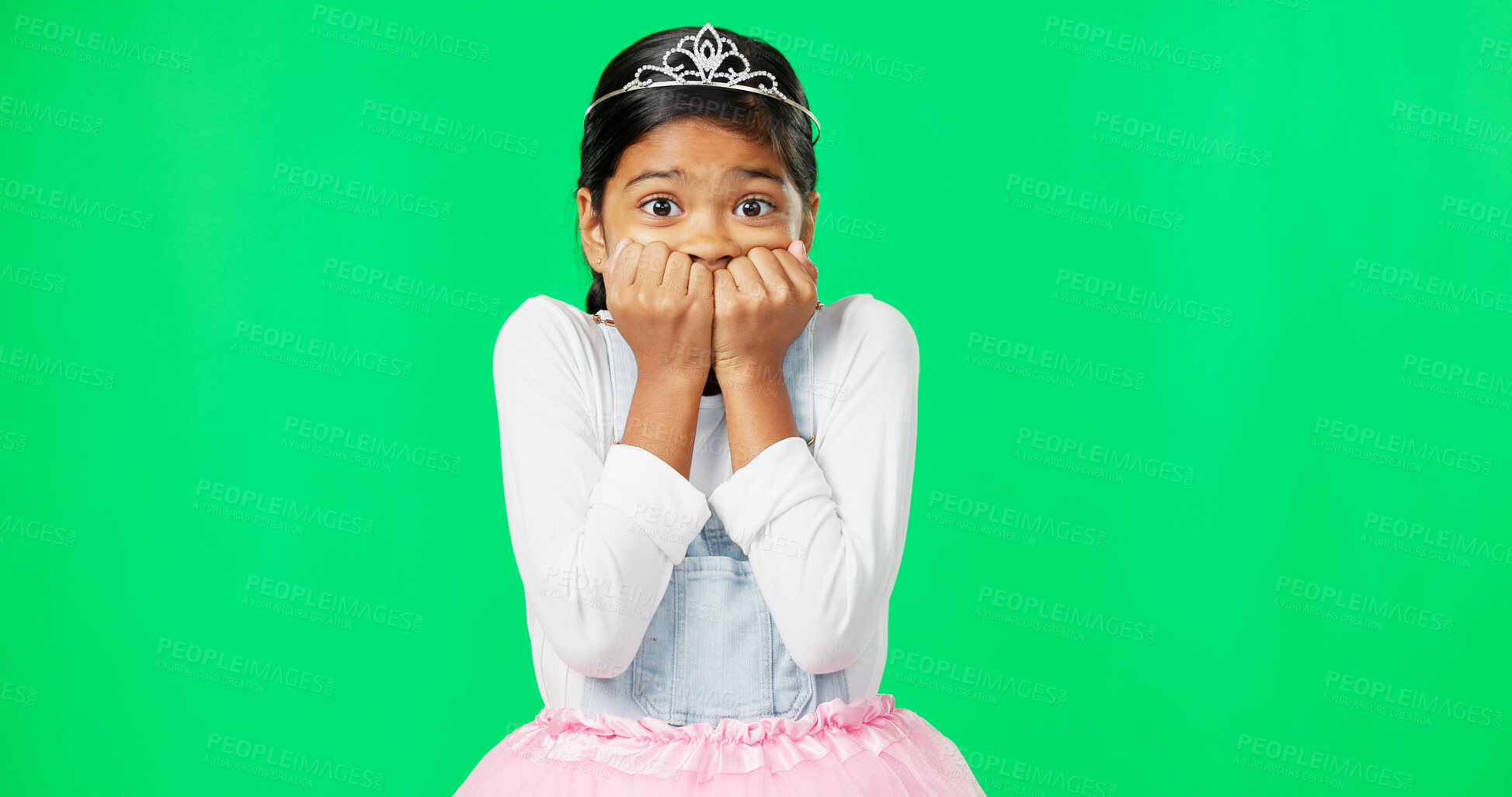 Buy stock photo Scared, portrait and child with anxiety on green screen with crown, princess costume and tutu in studio. Stress, worry mockup and isolated young girl with worried, sad and anxious facial expression