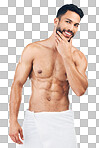 Hygiene, shower and man with smile for body, beard and facial hair against isolated on a png background. Wellness, cleaning and model happy washing for health, care for skin and grooming for beauty