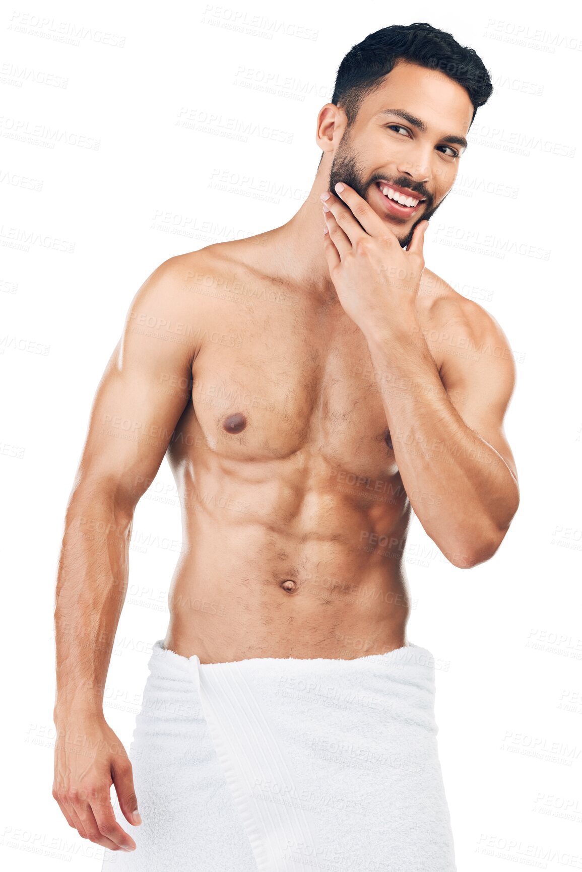 Buy stock photo Portrait, shower or happy man with smile for body, beard or facial hair isolated on transparent png background. Wellness, cleaning or face of model washing for health, skincare or grooming for beauty