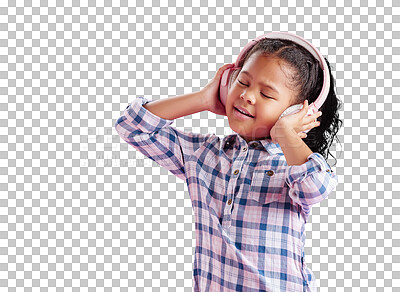 A happy African girl, wearing headphones and listening to music with curly hair to celebrate. Biracial child dancing, singing to her favourite song and isolated on a transparent, png background