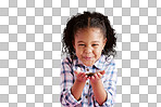 Pretty African girl, blowing confetti and portrait of making a wish while wearing a pretty dress. Biracial child posing, wishing for future with beautiful curly hair and isolated on a transparent, png background