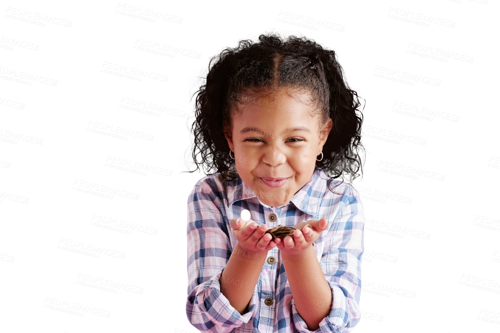 Buy stock photo Portrait, excited and girl blowing confetti, celebration and kid isolated against transparent background. Face, female child and young person with excitement, happiness and glitter with png and wish