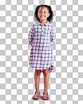 Portrait of a happy African girl, wearing a pretty dress and smiling with beautiful curly hair. Biracial child posing, feeling proud and isolated on a transparent, png background