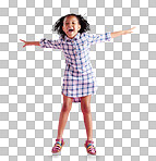 A happy African girl, jumps with curly hair to celebrate and dancing in a studio. Biracial child jumping, feeling freedom and isolated on a transparent, png background