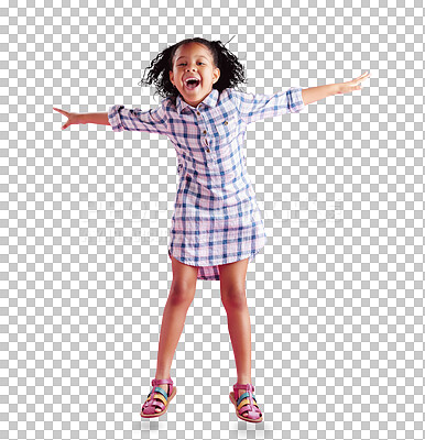 A happy African girl, jumps with curly hair to celebrate and dancing in a studio. Biracial child jumping, feeling freedom and isolated on a transparent, png background