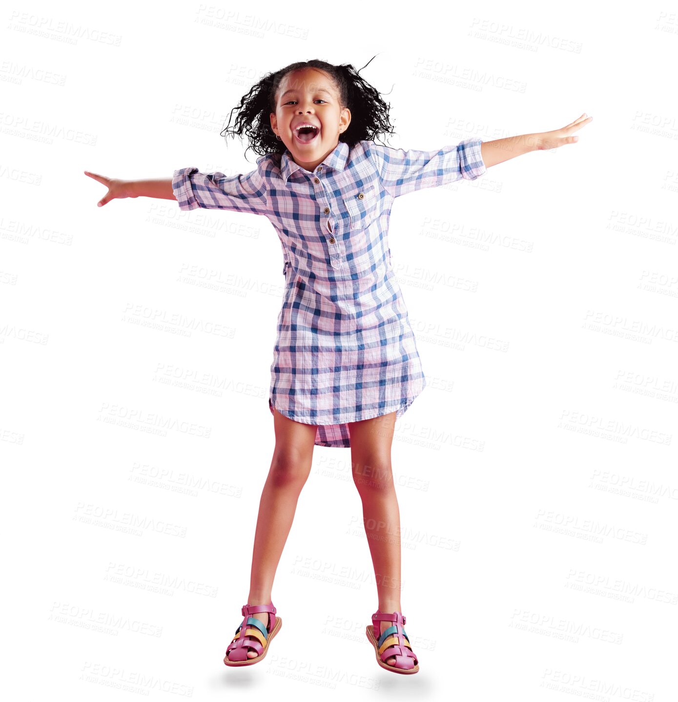 Buy stock photo Happy African little girl, jump and joy with curly hair in celebration or dancing isolated on a transparent PNG background. Child or kid jumping with smile in freedom, holiday or weekend in happiness