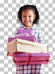 Happy young child holding birthday presents, smiling with gift boxes and wearing cute dress. Little biracial girl, guest at a party and isolated on a transparent, png background