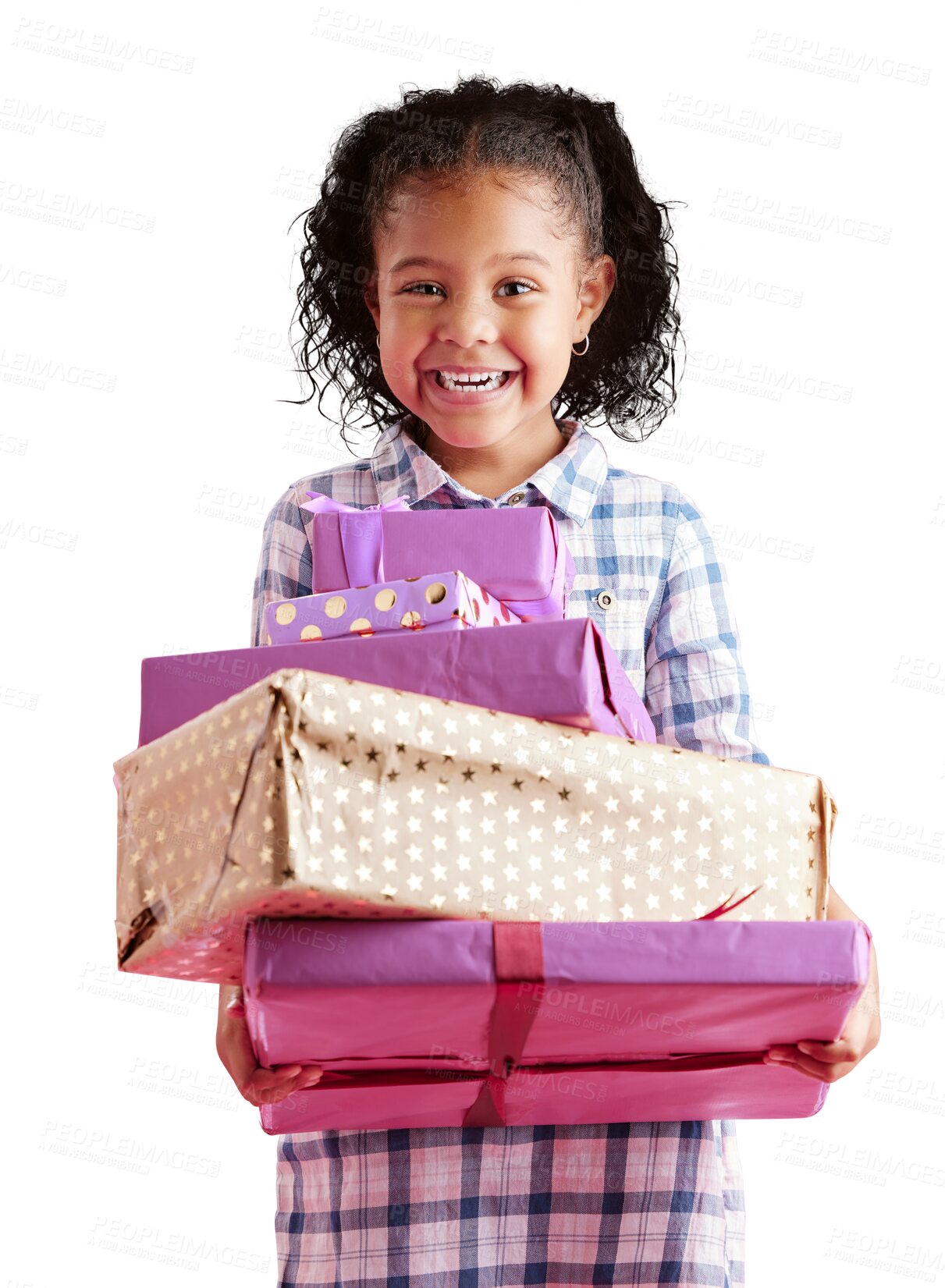 Buy stock photo Happy, excited and portrait of child with gift on isolated, png and transparent background. Happiness, surprise and young girl smile carrying boxes for birthday present, party and event celebration