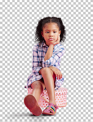 Sad young child sitting on gift box, thinking about birthday alone and wearing cute dress. Little biracial girl, introvert at a party and isolated on a transparent, png background