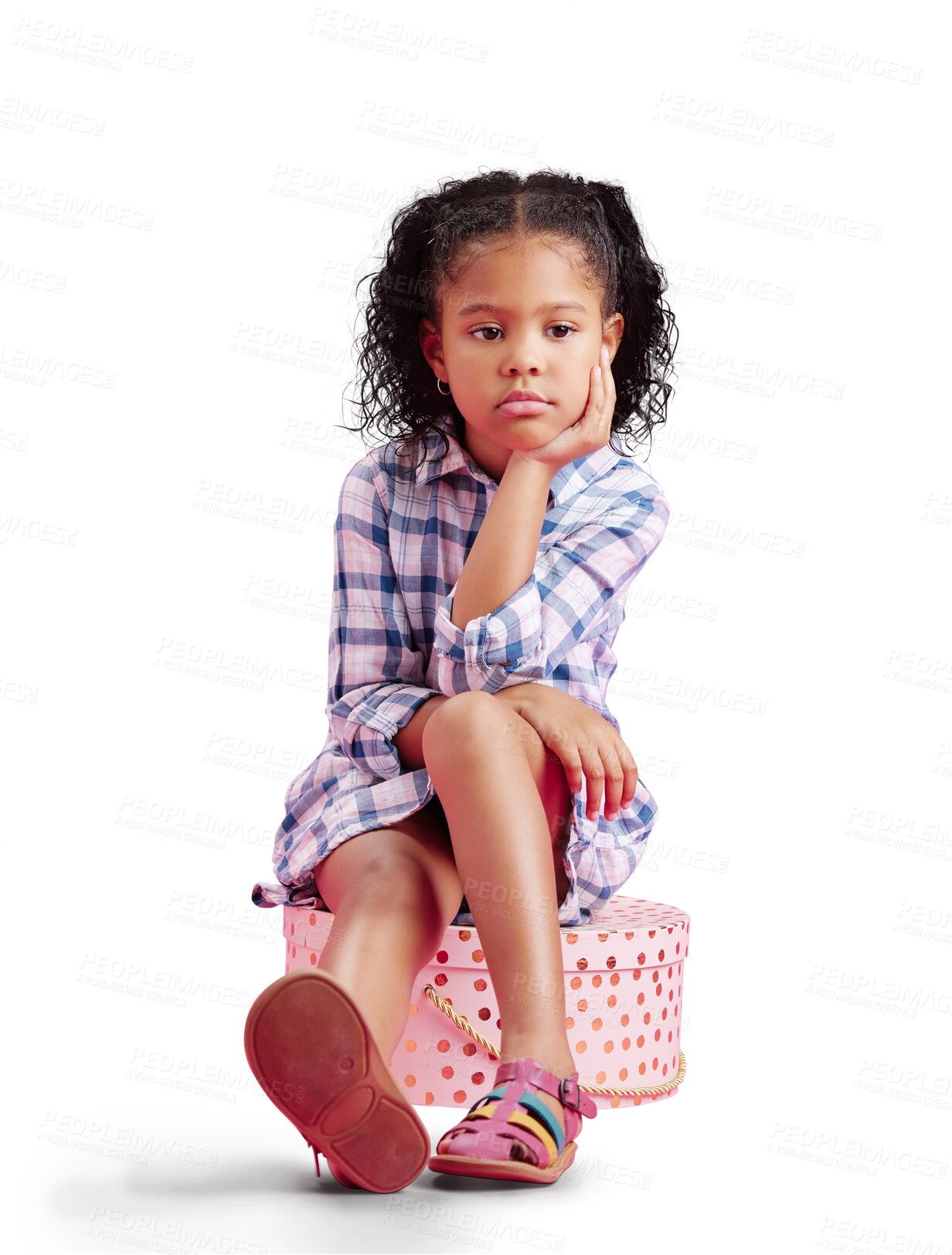 Buy stock photo Thinking, sad and child on gift with upset face on isolated, png and transparent background. Sadness, depression and disappointed young girl sitting on box for birthday present, party and package