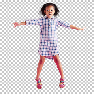 A happy biracial girl, jumps with curly hair to celebrate and dancing in a studio. African child jumping, feeling freedom and isolated on a transparent, png background