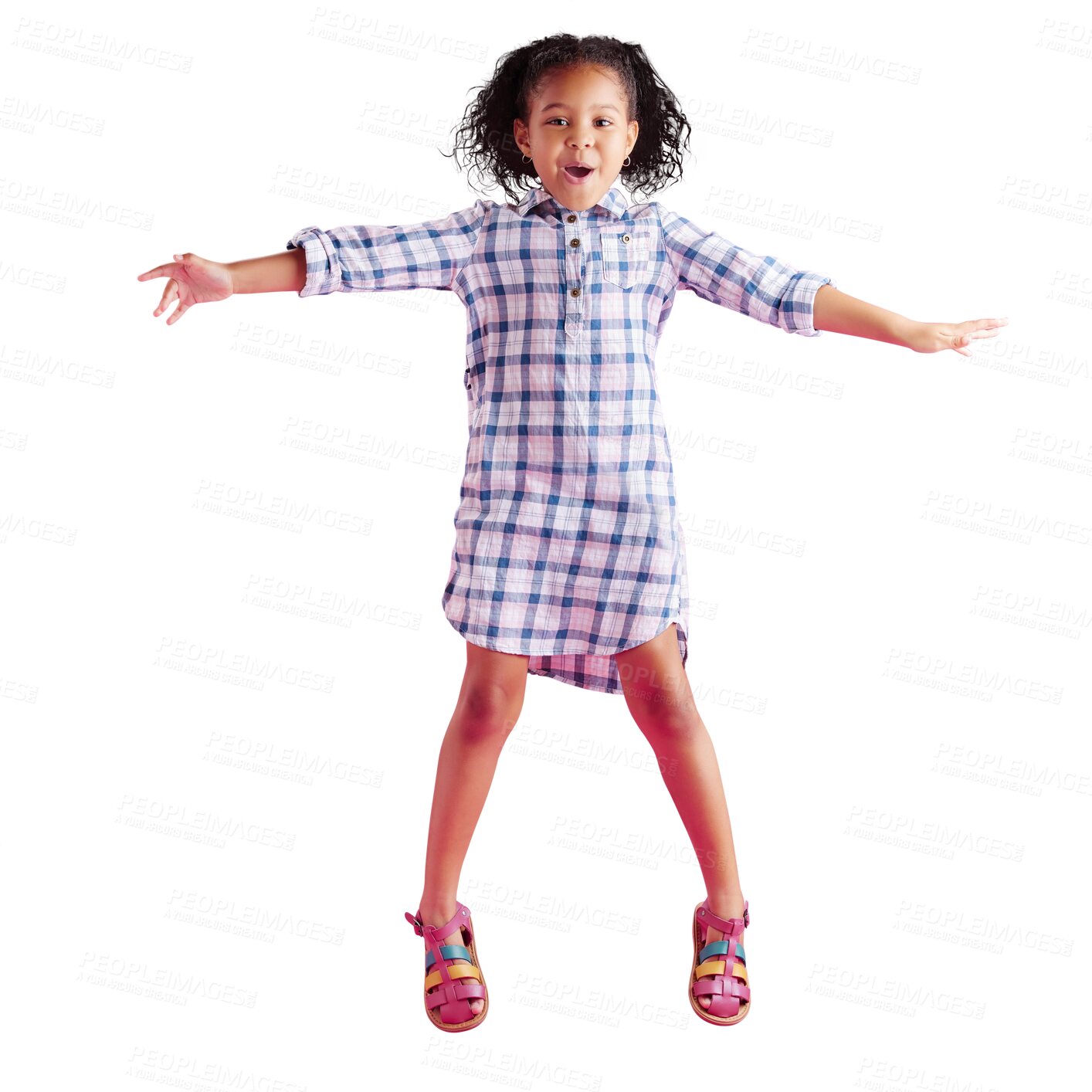 Buy stock photo Energy, portrait  of African girl jump and in png or transparent background. Celebration or freedom, isolated cheerful child dancing with curly hair smiling and enjoying herself while playing