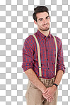 Happy portrait of an adult man, smile on face with hipster style and young person stands with hands together. Gentleman with shy pose, smart guy smiling for isolated on transparent background