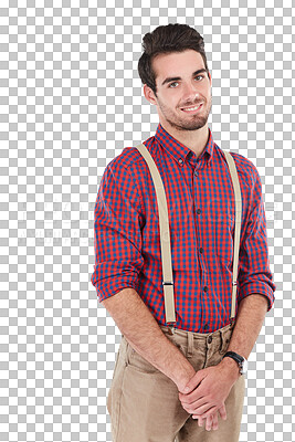 Buy stock photo Smile, portrait of happy man in geek fashion and suspenders isolated on transparent png background. Happiness, nerd aesthetic and model in flannel shirt, braces and hands together with retro style.