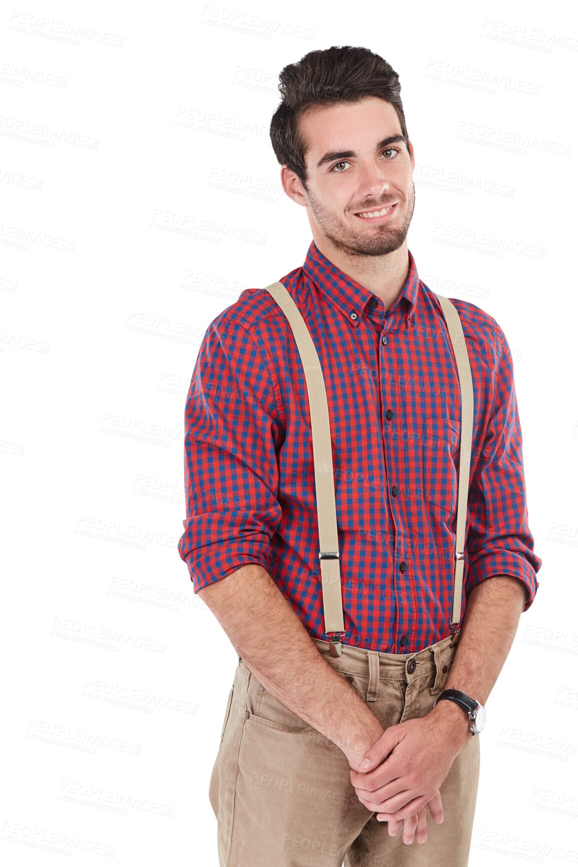 Buy stock photo Smile, portrait of happy man in geek fashion and suspenders isolated on transparent png background. Happiness, nerd aesthetic and model in flannel shirt, braces and hands together with retro style.