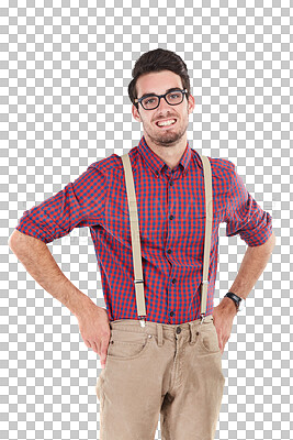 Happy portrait of a nerdy man, smile on face with hipster fashion and young person standing with arms akimbo. Gentleman with confident pose, guy smiling for isolated on a transparent background