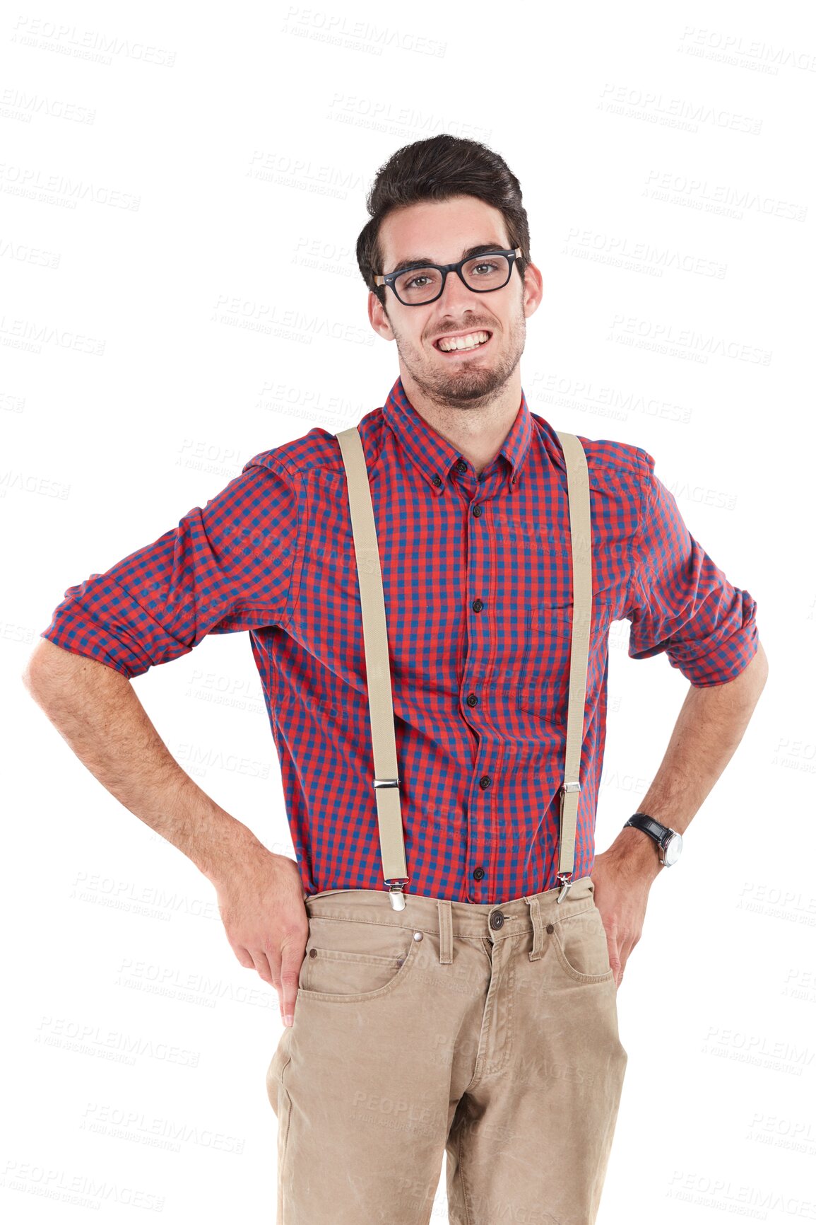 Buy stock photo Glasses, portrait of happy man in nerd fashion and suspenders isolated on transparent png background. Happiness, geek aesthetic and male model in flannel shirt, smile and vision with retro style.