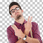 Hipster man, peace hands gesture for portrait and attitude of serious face for guy. Greeting or pose with hand sign, person dressed with shirt and suspenders for isolated on transparent background