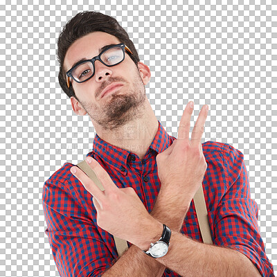 Hipster man, peace hands gesture for portrait and attitude of serious face for guy. Greeting or pose with hand sign, person dressed with shirt and suspenders for isolated on transparent background