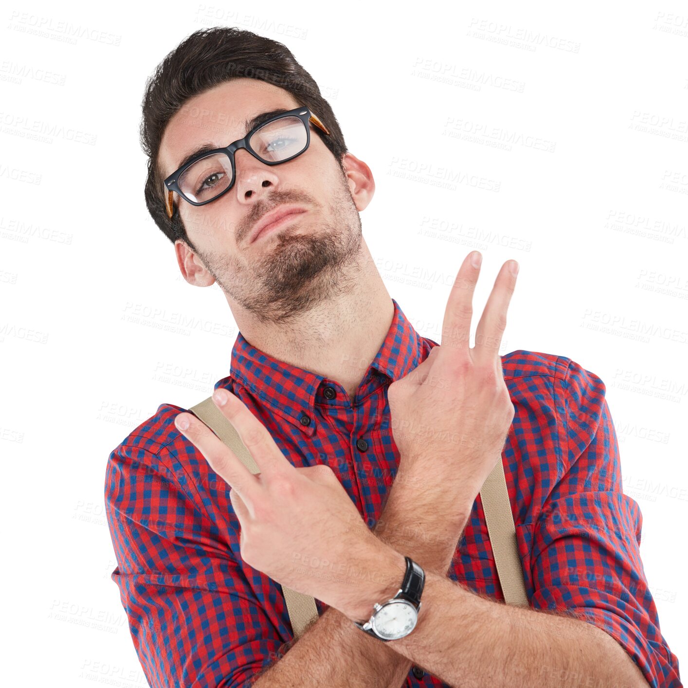 Buy stock photo Peace sign, hands and portrait of hipster man on isolated, png and transparent background. Emoji, attitude and face of male person with hand gesture in trendy clothes, funky fashion and nerd style