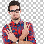 Portrait of a hipster man, peace hands gesture and serious face of guy with nerdy fashion. Greeting or posing with cool sign, person with shirt and suspenders for isolated on a transparent background