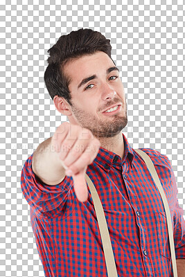 Thumbs down hand gesture, portrait of man and unimpressed face shows no. Negative sign, person with hipster outfit and guy wearing suspenders for fashion while isolated on a transparent background