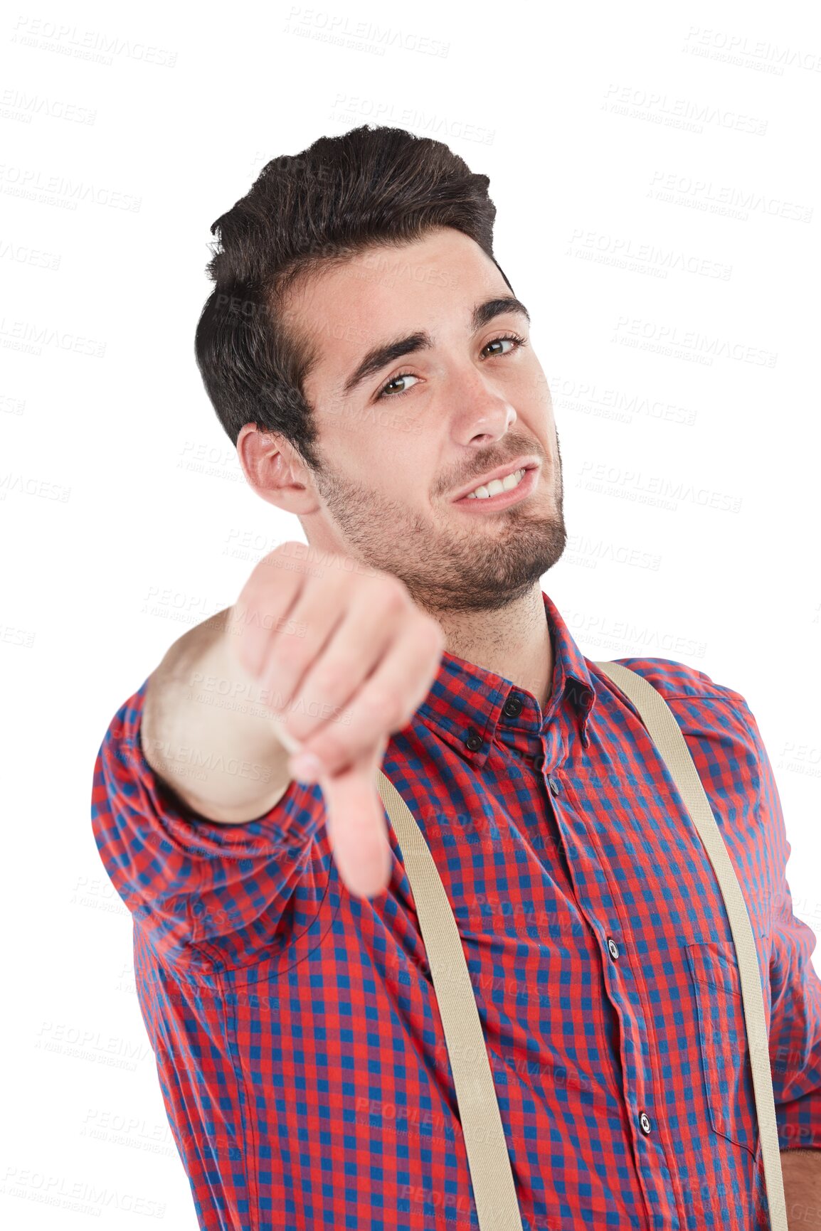 Buy stock photo Portrait, thumbs down and man with review, disagreement and guy isolated against a transparent background. Face, male person and human with hand gesture, png and hipster with bad news and rejection