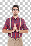 Man praying with hands together, eyes closed for mindfulness and wearing hipster outfit. Nerdy person, pray for forgiveness and peaceful calm for isolated on a transparent png background