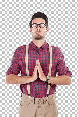 Man praying with hands together, eyes closed for mindfulness and wearing hipster outfit. Nerdy person, pray for forgiveness and peaceful calm for isolated on a transparent png background