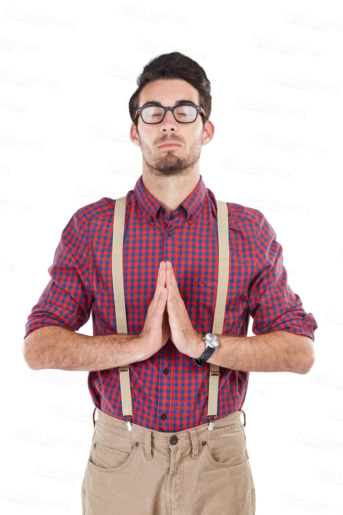 Buy stock photo Praying, meditation and mindfulness with a man on PNG, isolated on a transparent background for inner peace. Wellness, worship and prayer to god with a male person showing belief or trust in religion