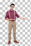 Nerdy man, smile for portrait while promoting for advert and wears hipster clothing and glasses. Happy smiling male, gesture to discount and positive hipster isolated on a transparent png background