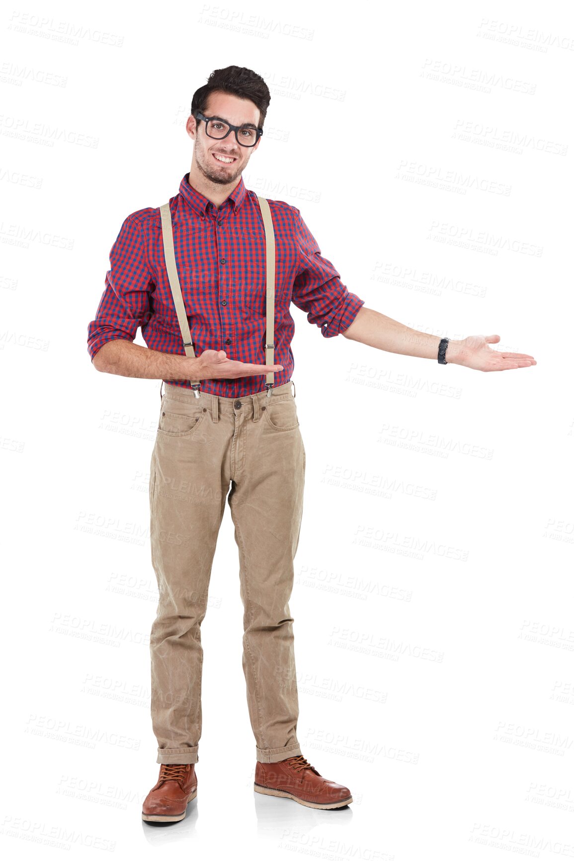 Buy stock photo Portrait, showing and man with a smile, promotion and hipster against a transparent background. Face, male person and human with choice, png and decision with stylish clothes, outfit and happiness