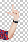 Hand, count and fingers pointing for direction, mathematics or timer solution. Count down, sign and male model with sign language or symbol hands number gesture by isolated on a png background