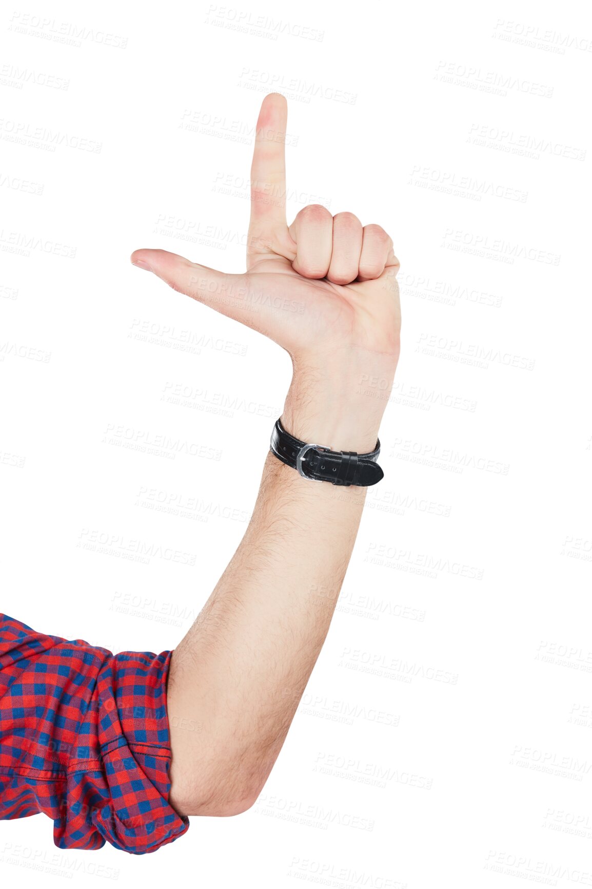 Buy stock photo Closeup, man and hand with sign language, communication and count isolated against transparent background. Zoom, male person and human with fingers pointing, png and symbol with direction or showing