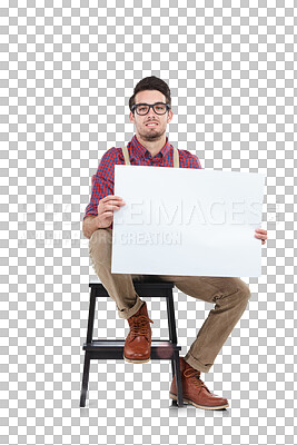 Placard board, man sitting on stool holding white paper billboard and empty for advertising copy space. Poster banner, male with chair, display for marketing and isolated on a transparent png background