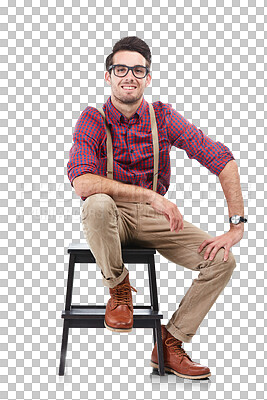 A handsome hipster young man with formal suit sitting on a stool