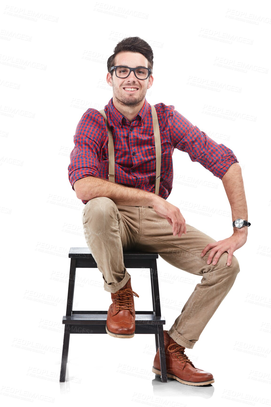 Buy stock photo Glasses, chair and portrait of man in nerd fashion and suspenders isolated on transparent png background. Happiness, geek aesthetic and male model sitting in flannel shirt with retro style and vision