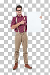 Poster, business man holding white paper billboard and pointing at advertising copy space. Banner, happy male smiles with display mockup for marketing and isolated on a transparent png background