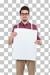 Poster board, man holding white paper billboard and empty for advertising copy space. Placard for banner, happy male with display mockup for marketing and isolated on a transparent png background