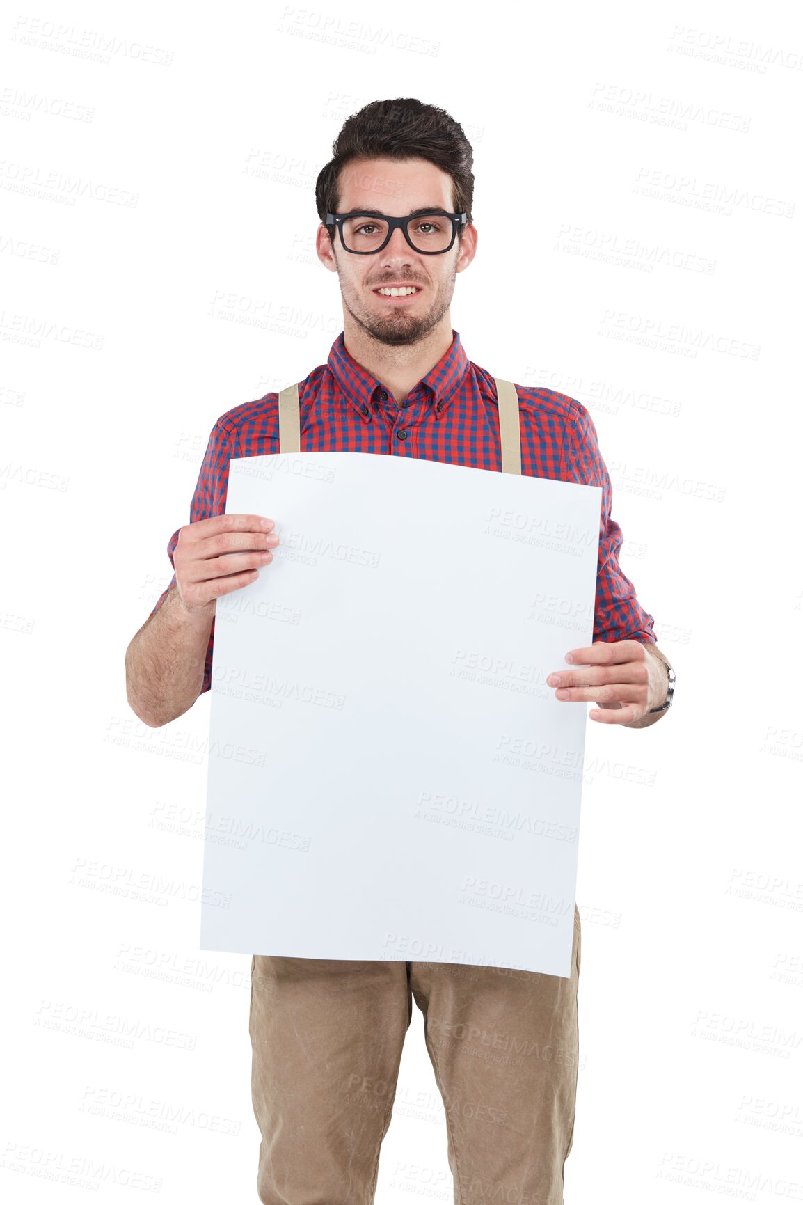 Buy stock photo Poster, advertising and portrait of man with banner in isolated, png and transparent background. Billboard, marketing and male person with sign for information, announcement and branding promotion