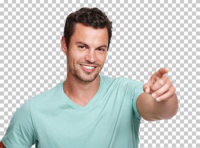 Buy stock photo Man, portrait and finger pointing with smile, happiness or sign for direction by png background. Isolated male model, young and happy with excited face for suggestion, idea and point index for review